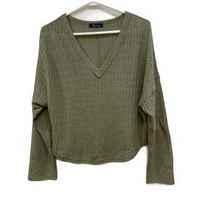 KLD Knit V Neck Long Sleeve Top Army Green Lightweight Casual Womens M
